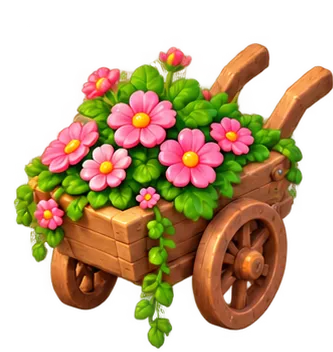 Wooden flower cart full of pink flowers