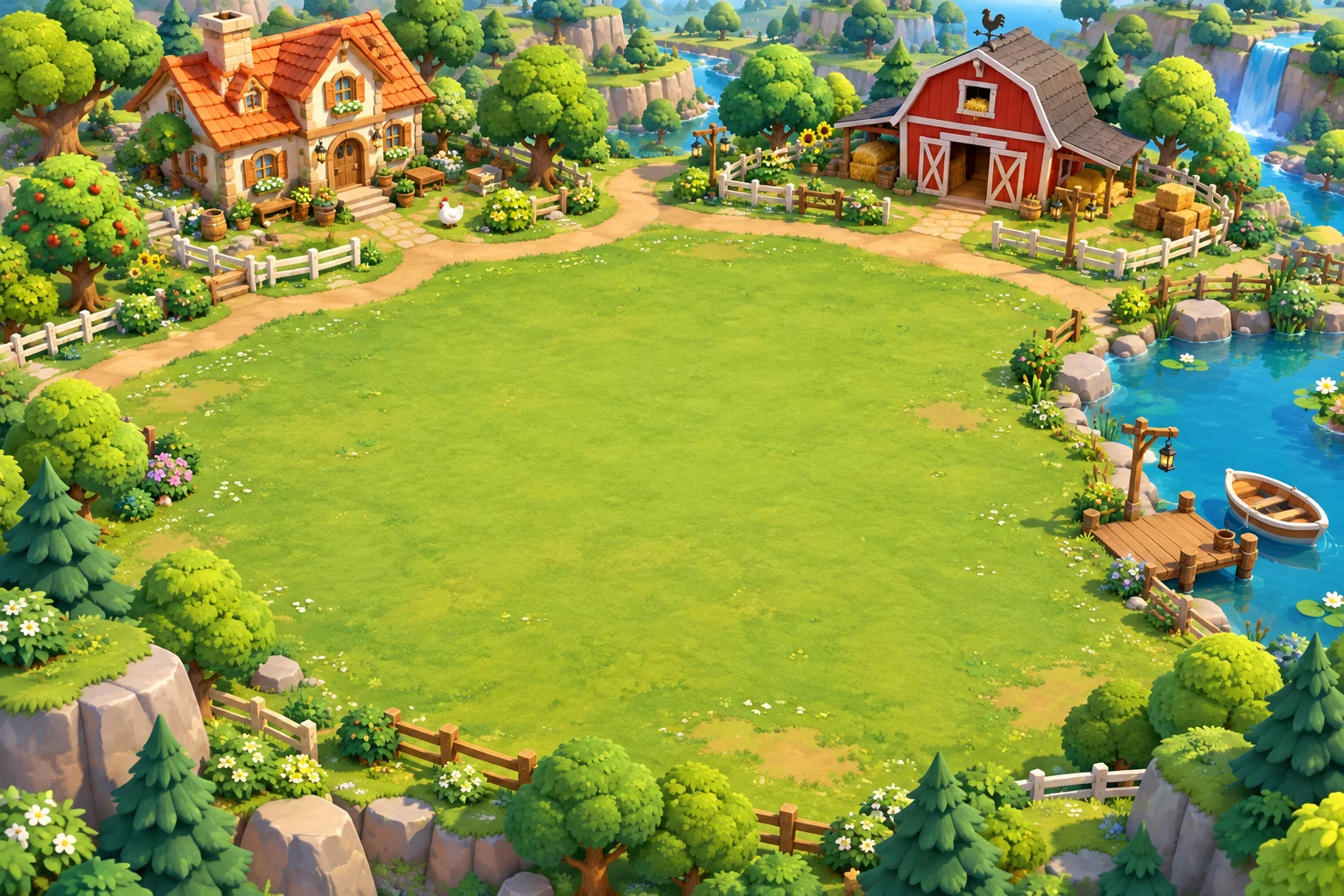 Willowbrook Farm, with a cream farmhouse, red barn, green meadow and a sparkling pond